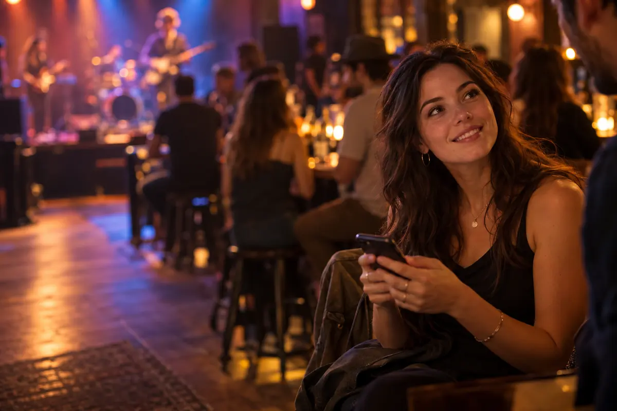 A woman in a live-music bar looks up from her phone with a smile