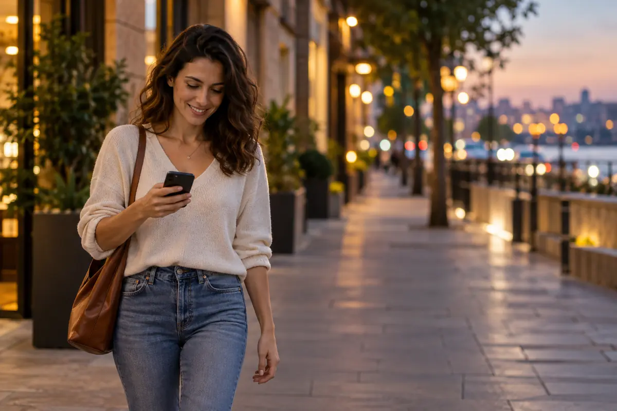 Eine Frau geht abends eine gut beleuchtete Straße entlang nach Hause und lächelt auf ihr Handy